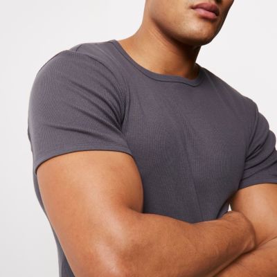 Charcoal grey muscle fit ribbed T-shirt
